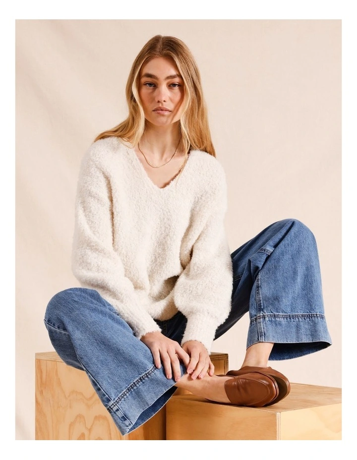 V-Neck Boucle Jumper in Beige