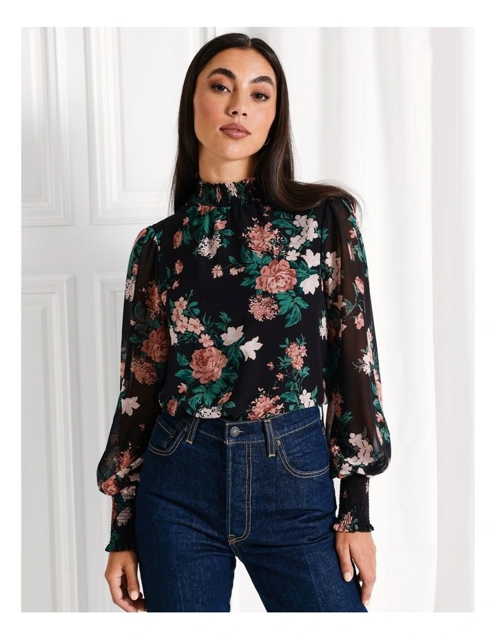 Recycled High Neck Shirred Top in Black