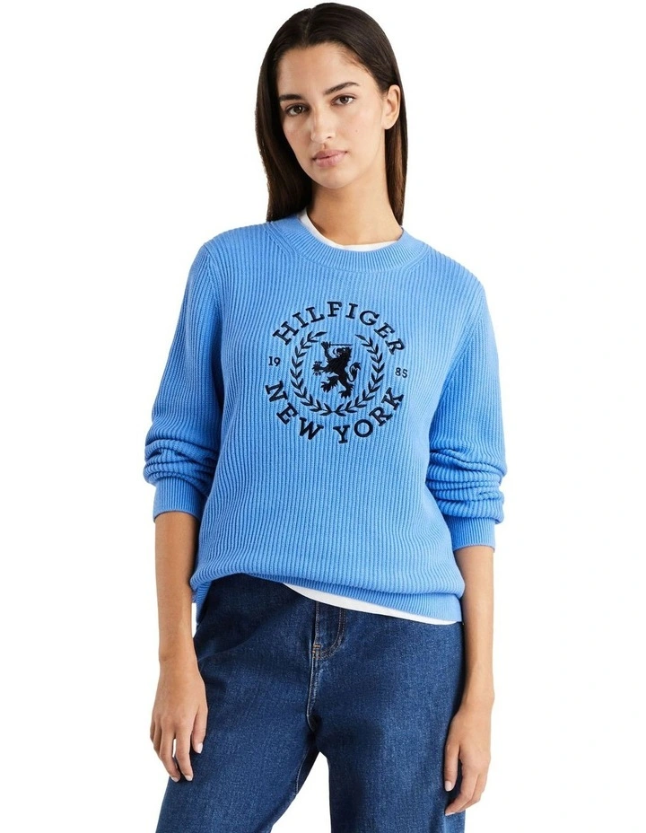Crest Graphic Cotton Crew-Neck Sweater in Blue Spell