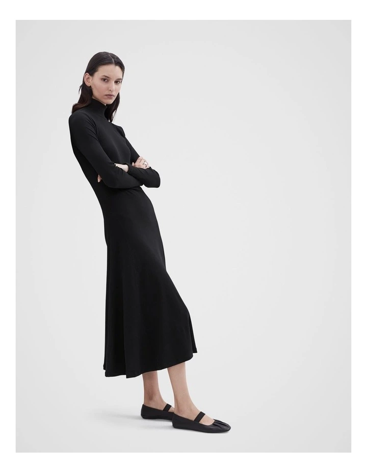 Mock Neck Ribbed Dress in Black