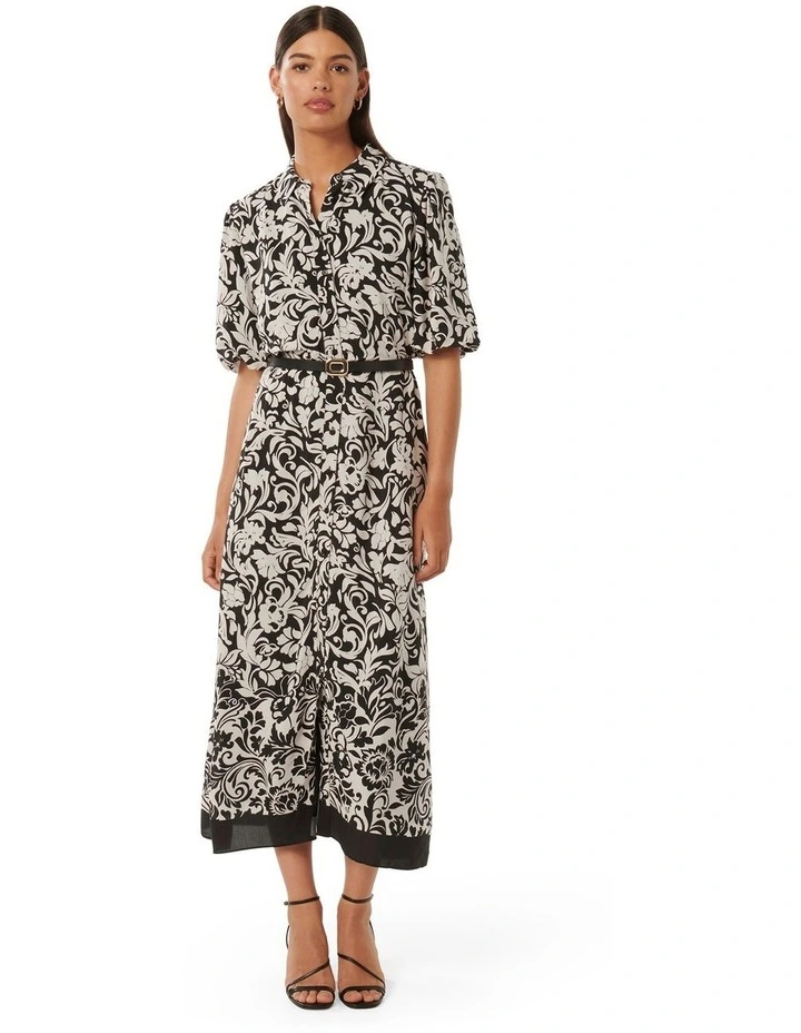 Monique Short Sleeved Shirt Midi Dress in Black Multi