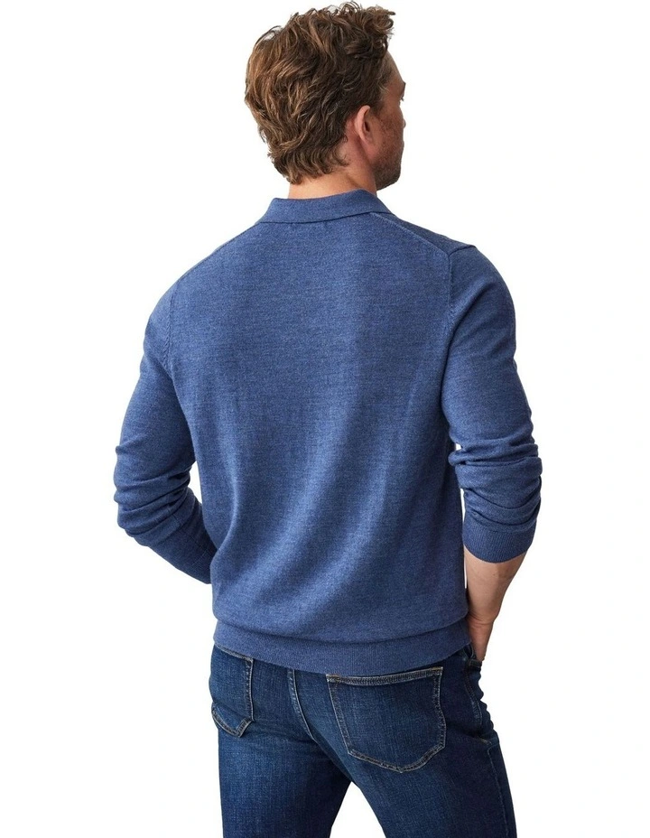 Merino Knit Long Sleeve Polo Shirt in Denim