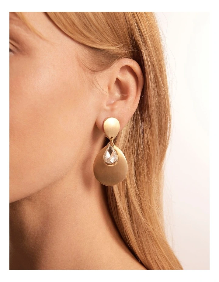 Ornate Crystal Drop Clip Earring in Crystal/Gold