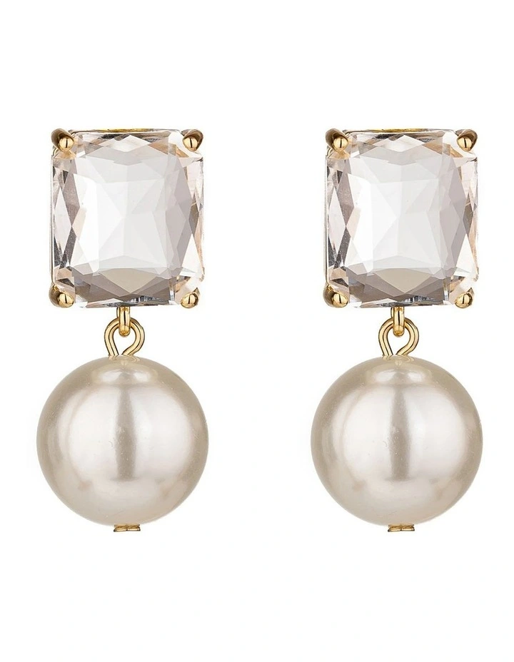Emerald Cut Stone With Pearl Drop Earrings In Gold
