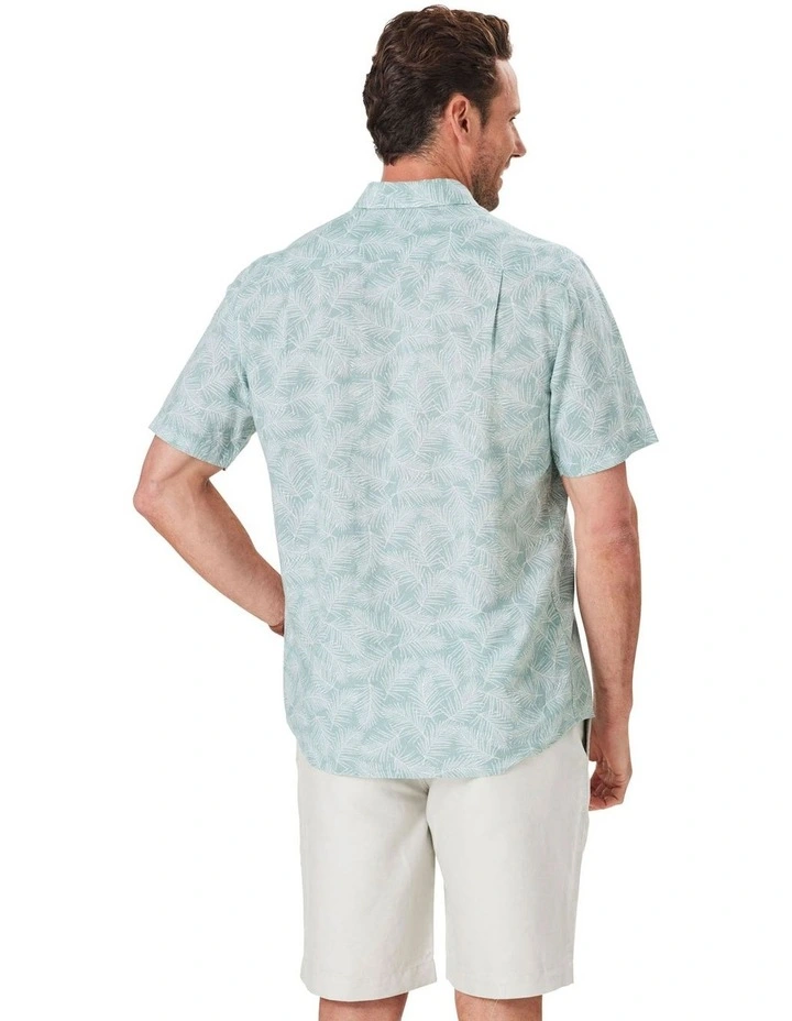 Linen Blend Leaf Print Short Sleeve Shirt in Sage