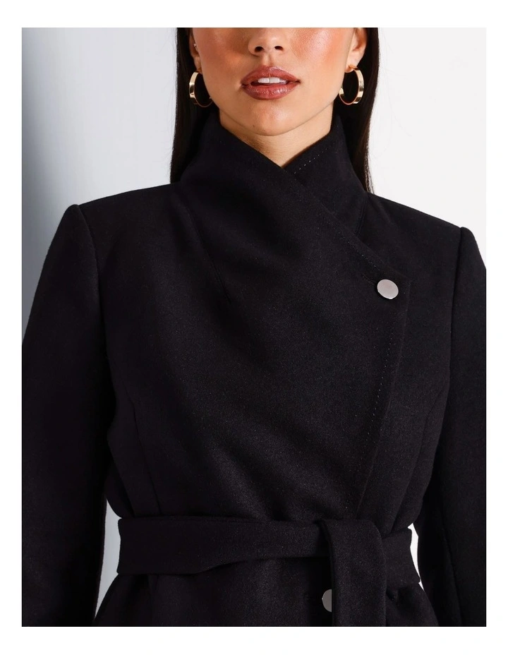 Funnel Neck Wrap Coat in Black
