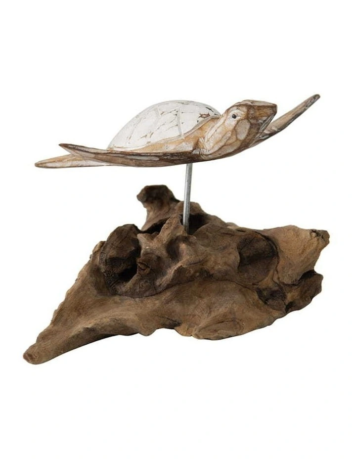 Handmade Turtle With Driftwood Base Figurine in Multi
