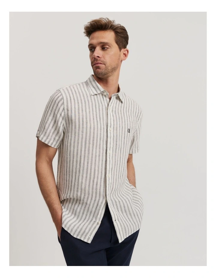 Regular Fit Organically Grown Linen Stripe Short Sleeve Shirt in Navy