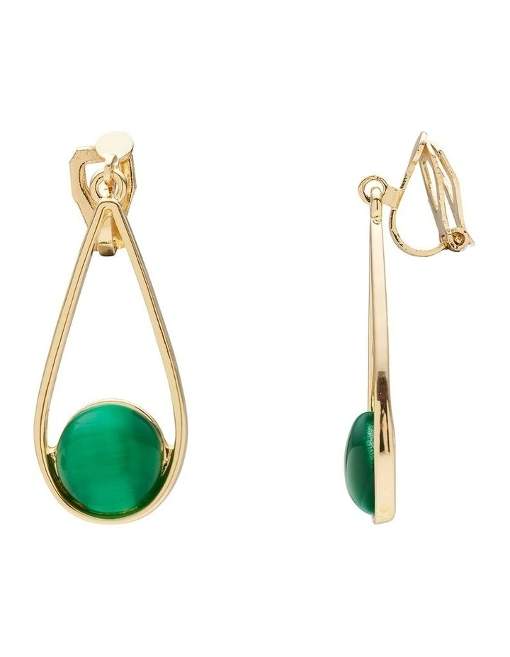 Cat Eye Pendulum Clip On Earrings in Emerald