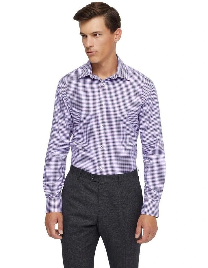 Islington Cotton Small Check Shirt in Purple/Navy