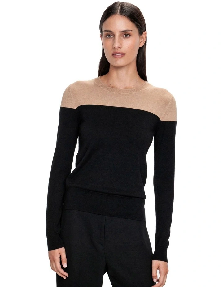 Spliced Long Sleeve Knit in Black/Camel