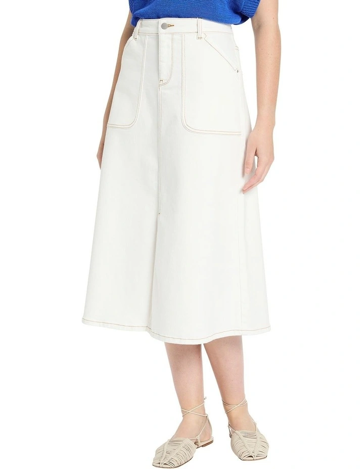 Dawn A-line Denim Midi Skirt in White