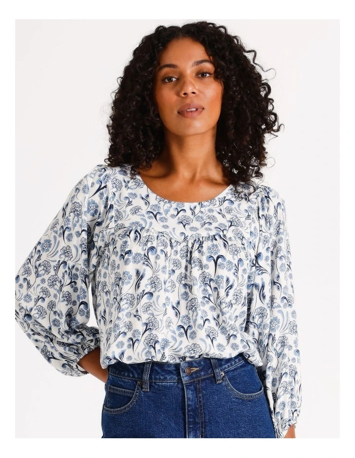 Eco Scoop Neck Peaseant Blouse in Dusty Blue