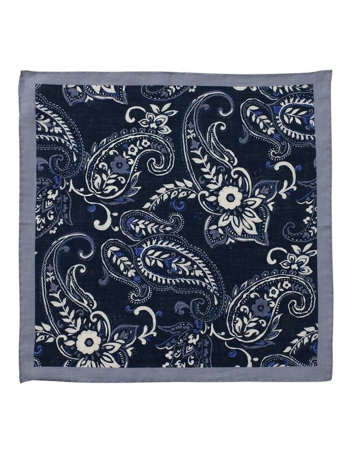 Folk Paisley Linen Pocket Square in Navy