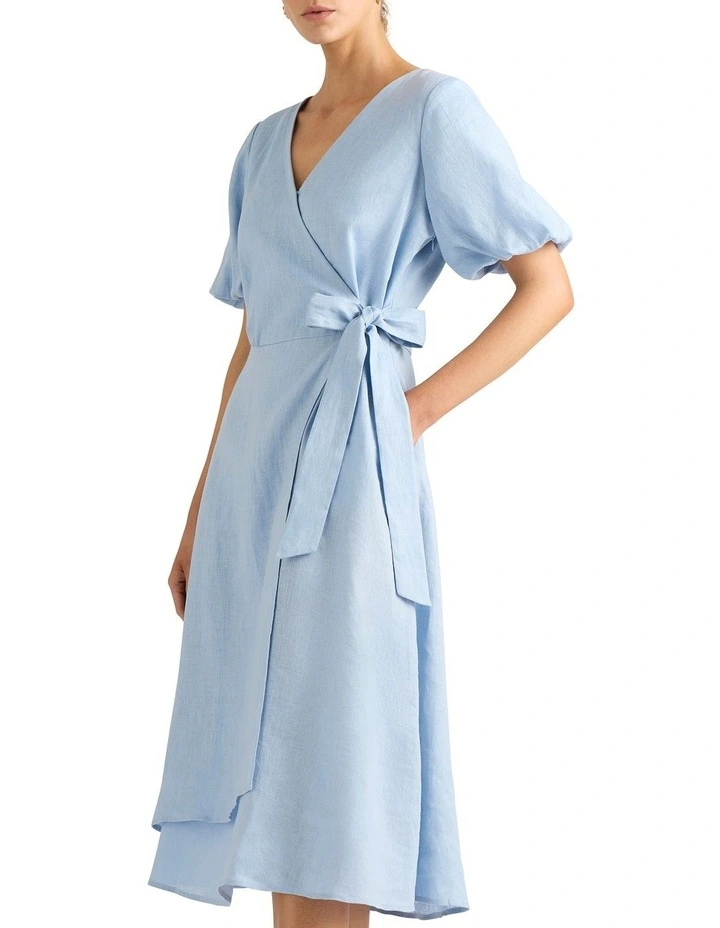 Clea Linen Wrap Dress in Blue