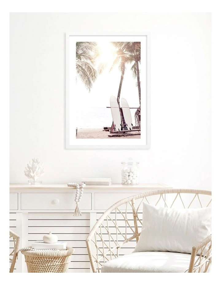 Australian Made Surfboard Sunrise Art Print A2 in White Frame