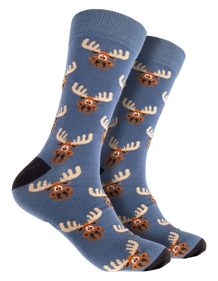 Moose Head Bamboo Crew Socks in Blue