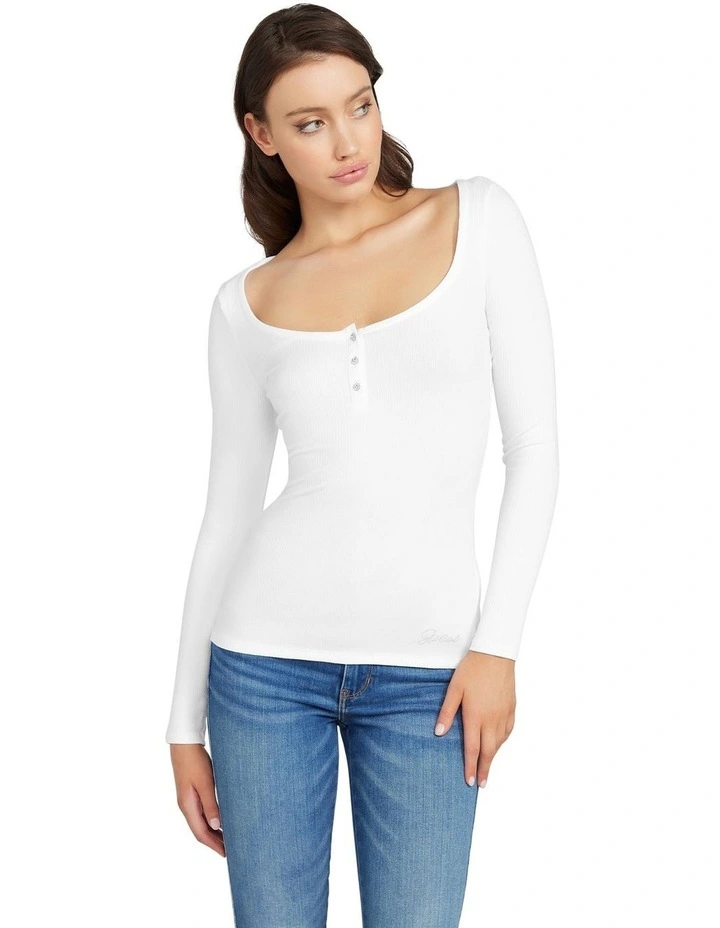 Long Sleeve Karlee Jewell Button Henley Top in White