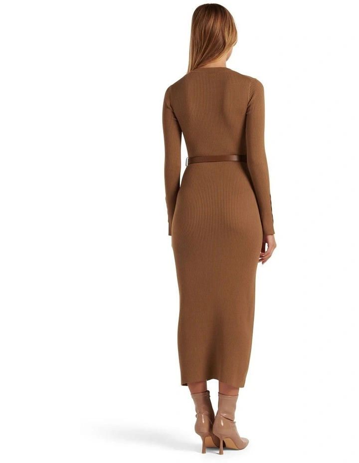 Hannah Belted Midi Knit Dress in Brown