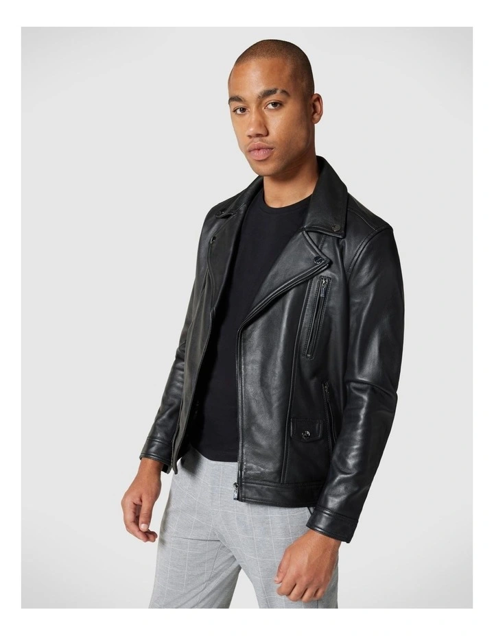 Leather Asymmetric Biker in Black