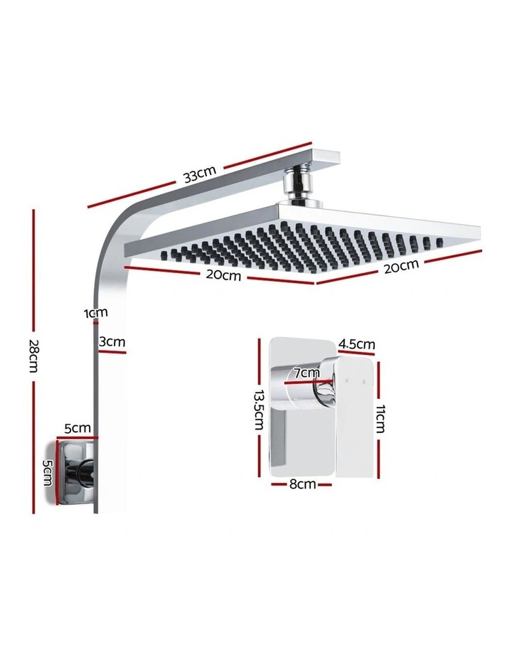8 Inch Wall Arm Square High Pressure Rain Shower Head Mixer Tap in Chrome