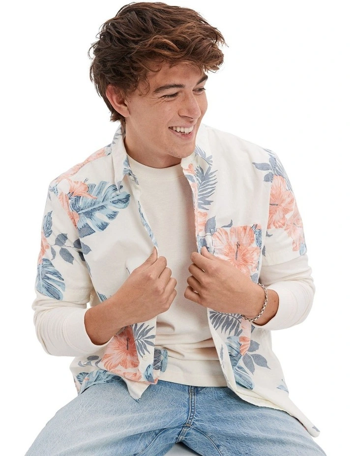 Floral Button Up Resort Shirt in Cream