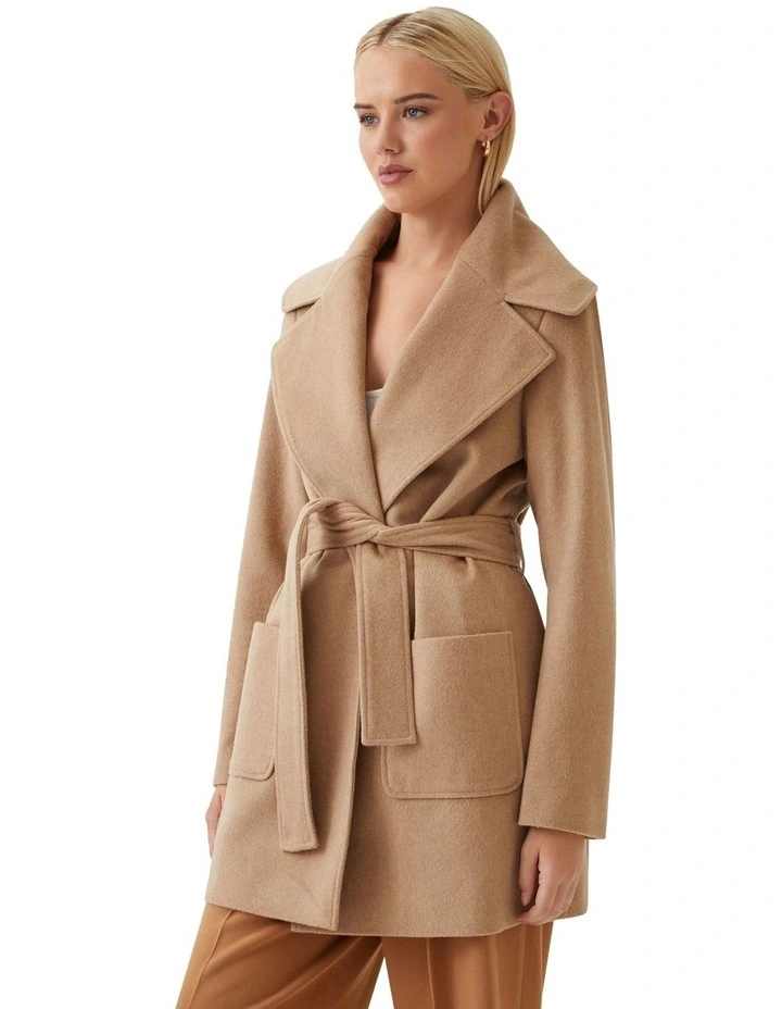 Zoe Wool Rich Tie Waist Jacket in Camel