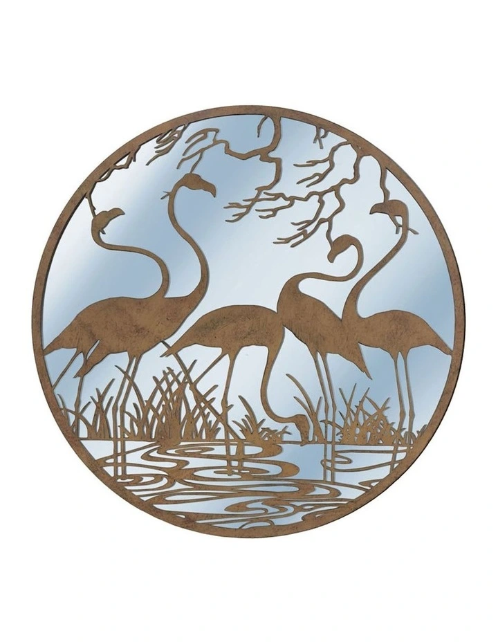 Large Laser Cut Flamingos With Mirror Wall Art in Rust