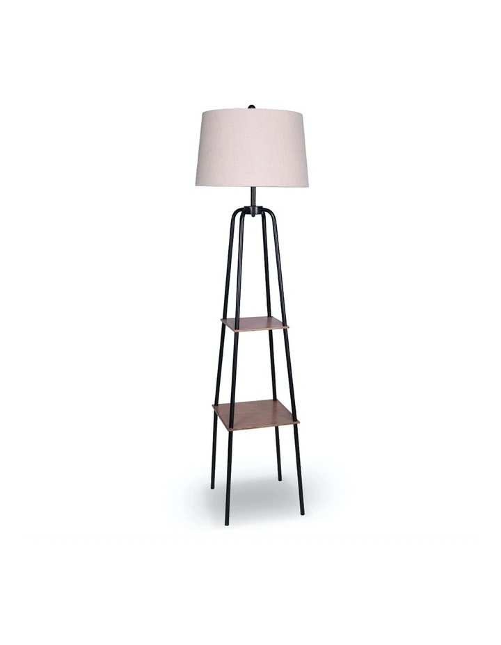 Etagere Floor Lamp Shelves Black Frame Round Linen White Fabric Shade Stand