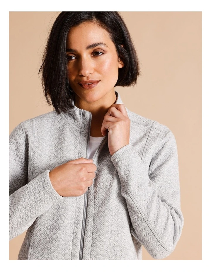 Recycled Polyester Blend Zip Thru Honeycomb Jacquard Sweat Top In Grey Marle