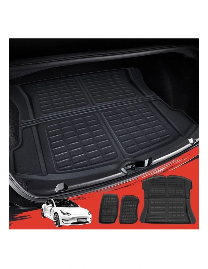 3 Piece Rubber Trunk Cargo Mats for Tesla Model 3 2021-2022 in Black