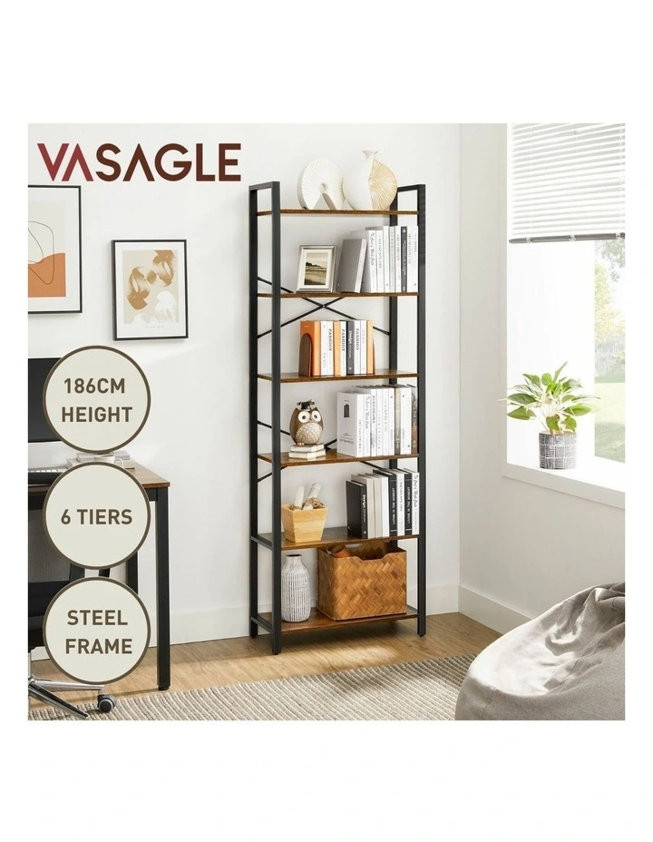 6-Tier Bookcase Storage Shelf with Steel Frame in Black
