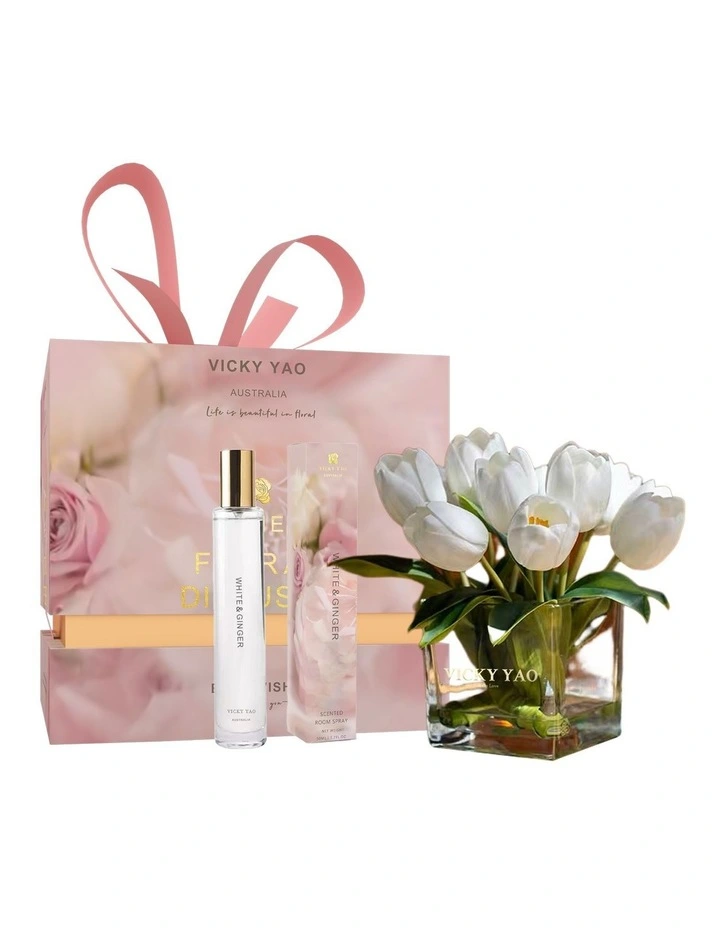 Exclusive Design Faux Tulips Arrangement & White Ginger Fragrance 50ml