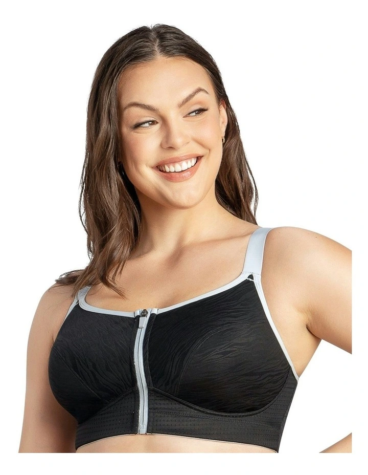 Wave Wirefree Zip Front Sports Bra in Black