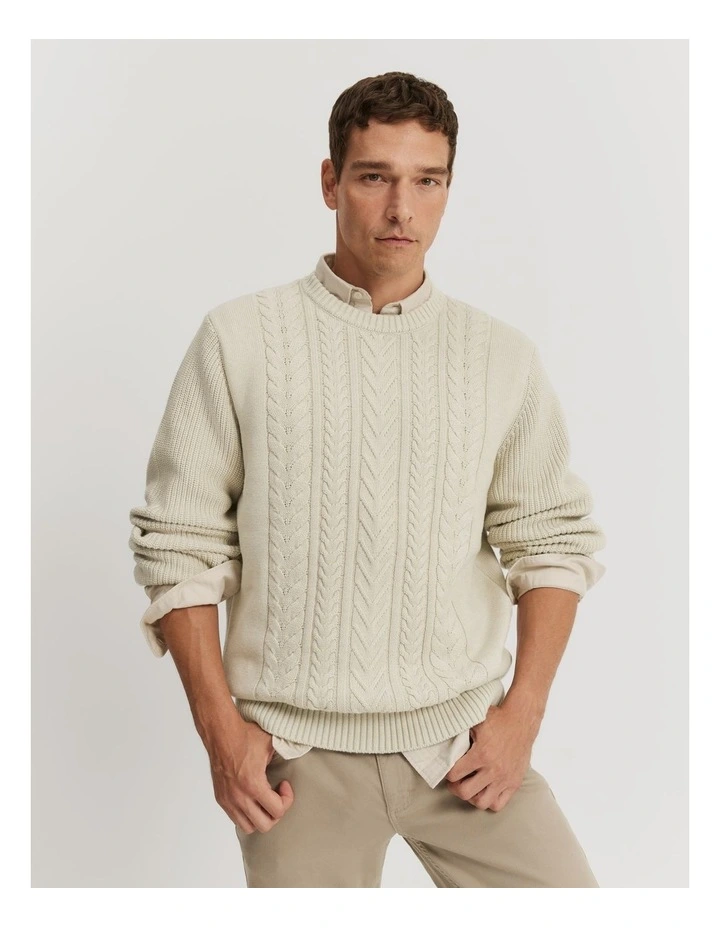 Australian Cotton Cable Crew Knit in Oat Milk