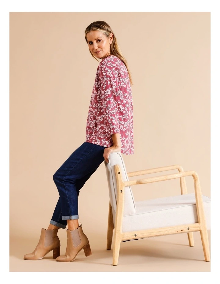 3/4 Sleeve Swing Tee In Cherry/Chalk Monotone Floral