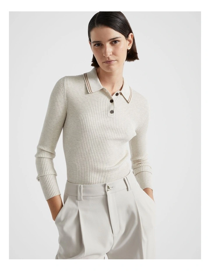 Contrast Tipping Polo Knit Top in Oat Marle