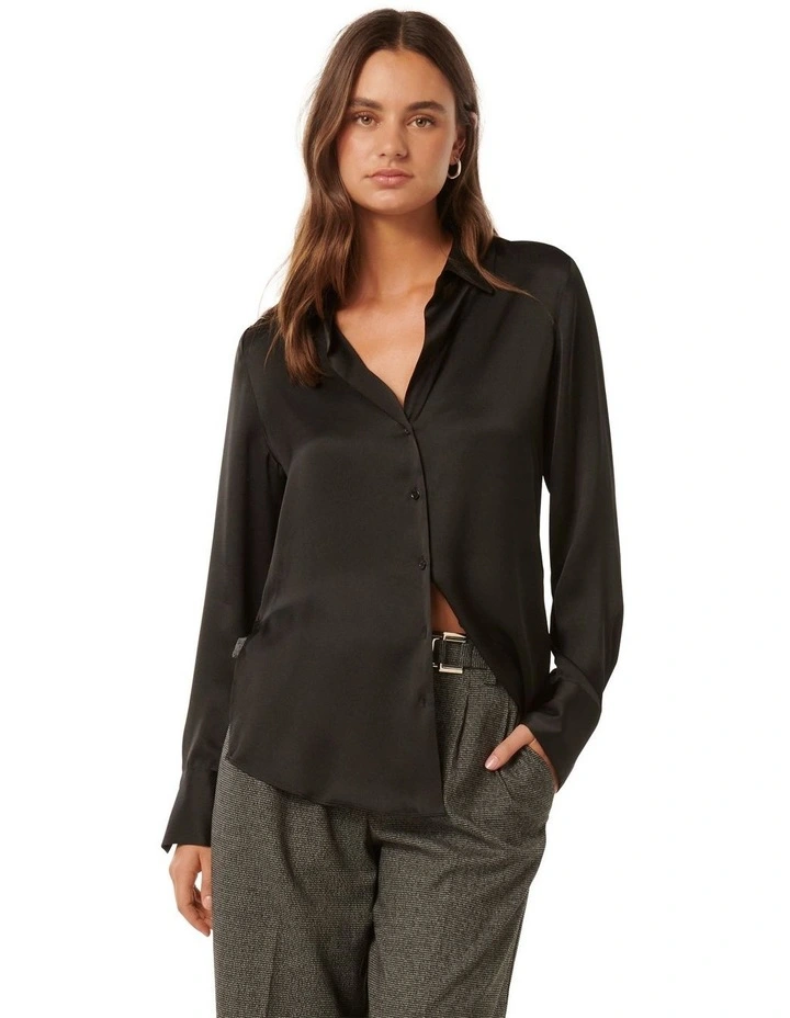Harvey Notched Neck Satin Shirt in Black
