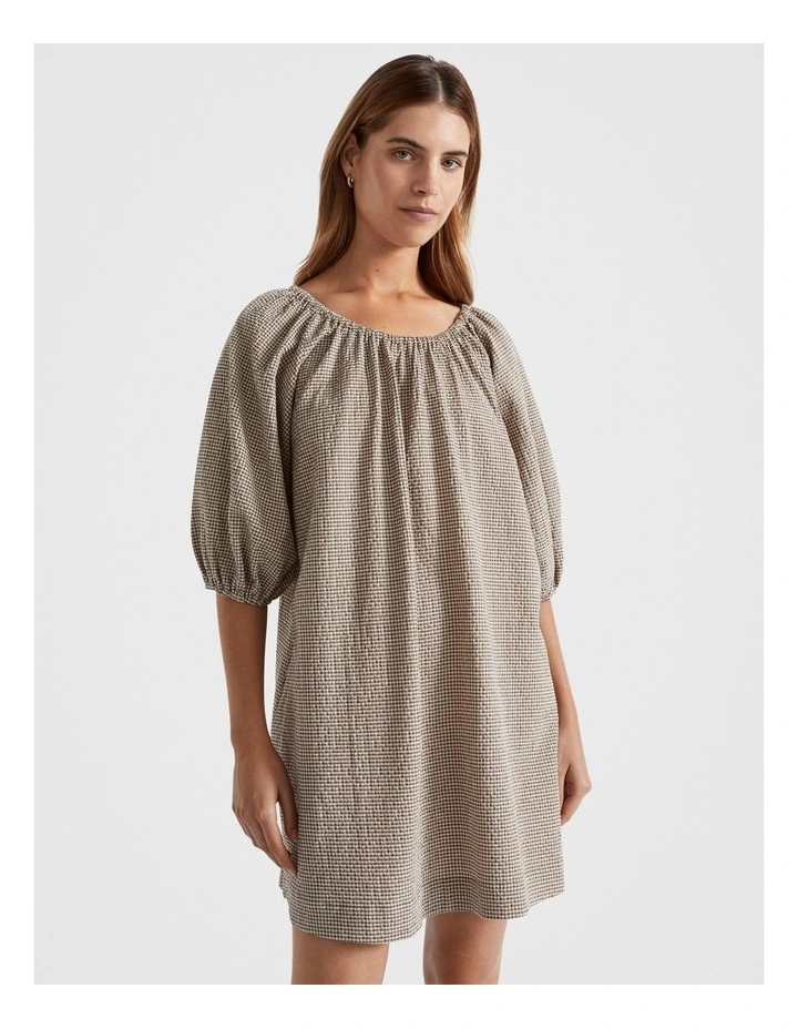 Textured Gingham Elasticated Mini Dress in Cappuccino
