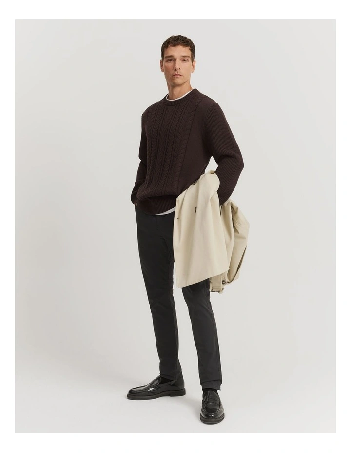 Australian Cotton Cable Crew Knit in Dark Brown