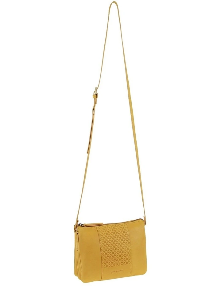 Diamond Pattern Embossed Leather Crossbody Bag in Mustard