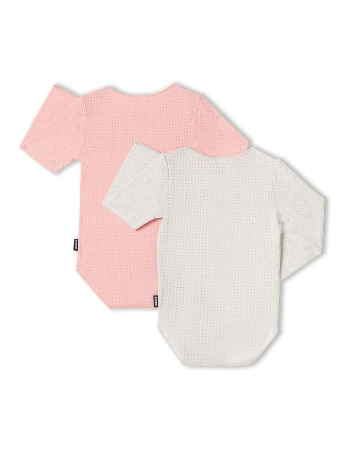 Wondercool Eyelet Long Sleeve Bodysuit 2 Pack in White Banksia/Pink