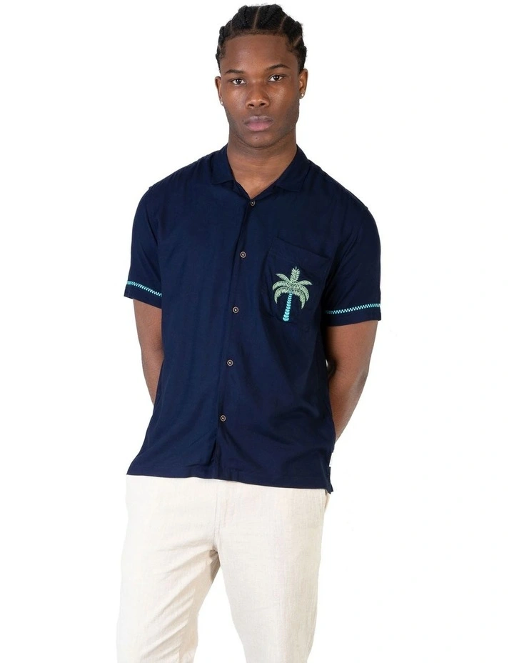 Palms Cuban Collar Short Sleeve Shirt in Blue
