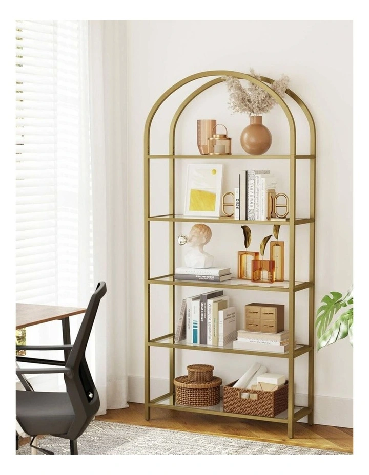 5 Tier Tempered Glass Bookshelf with Metal Frame in Gold