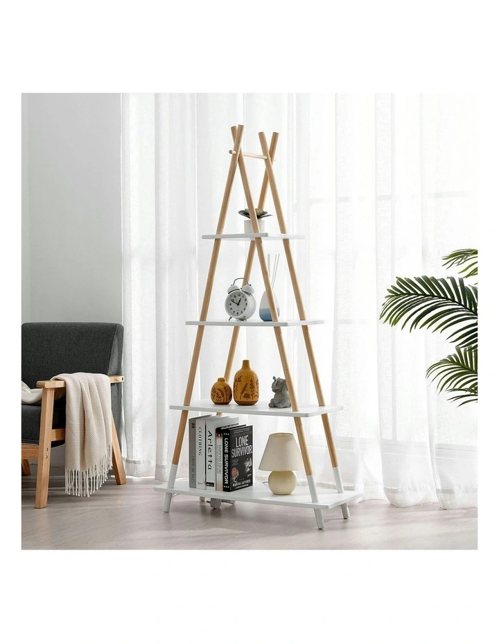 A-Frame Ladder Storage Shelf Tripod Bookcase 4-Tier in Beige