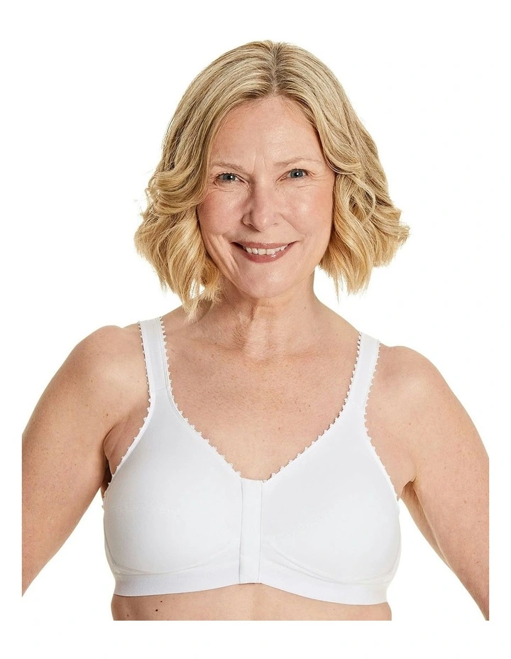 Comfi Cotton Wirefree Press Stud Front Open Bra in White