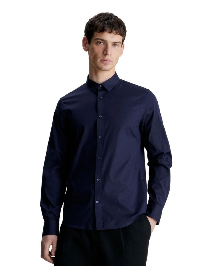 Stretch Poplin Slim Long Sleeve Shirt in Navy
