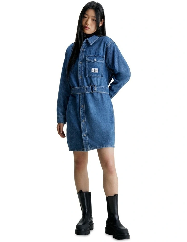 Belted Utility Shirt Dress in Denim Light