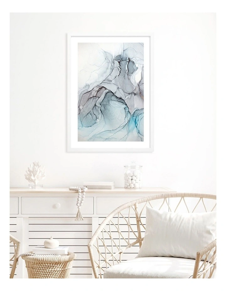 Australian Made Blue Black Abstract Ink 1 Art Print A2 in White Frame