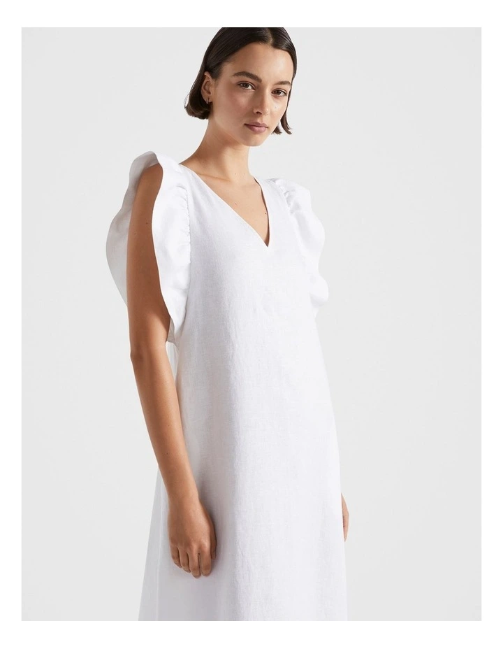 Linen Frill Sleeve Column Dress in White